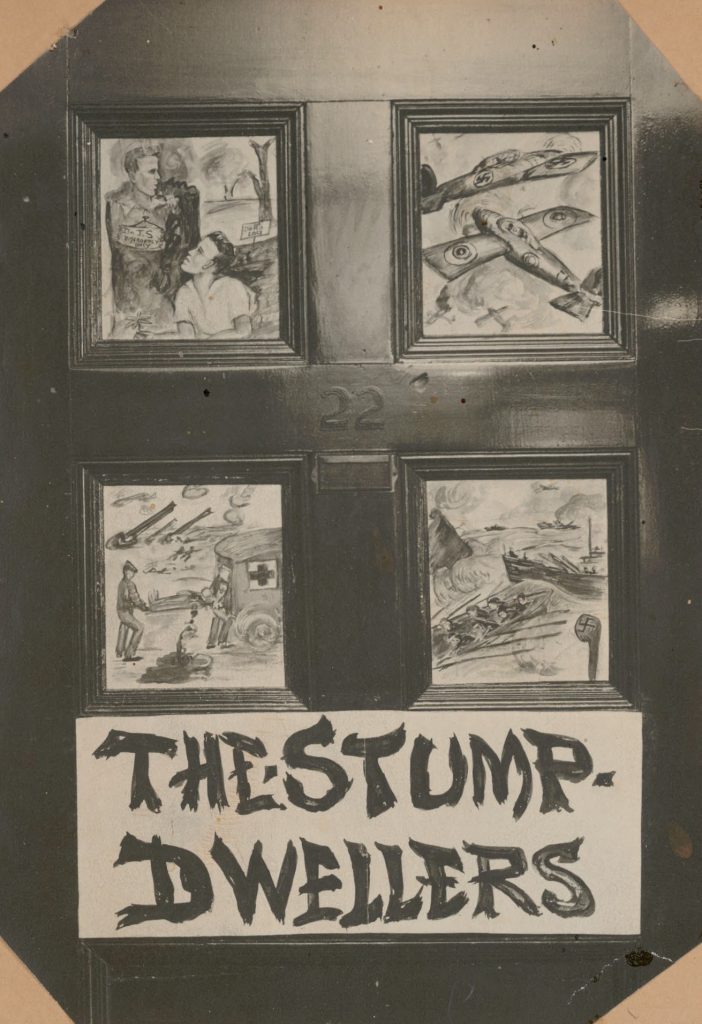 Black and white photo of a wooden door whose panels have been painted with various war scenes. Under the illustrations is written,