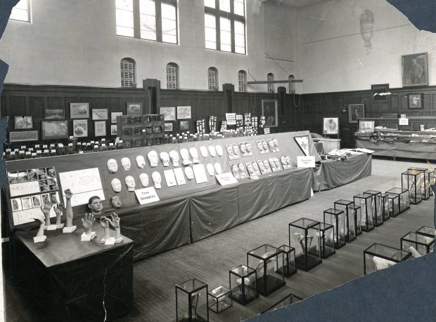 Black and white photograph of an exhibit featuring pathological wax models, specimens in glass cases, and illustrations.