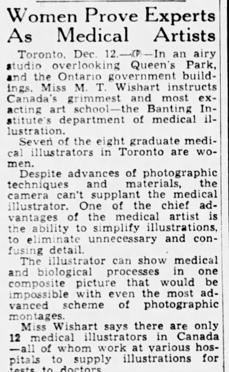 Black and white newspaper article in English titled, "Women Prove Experts As Medical Artists".