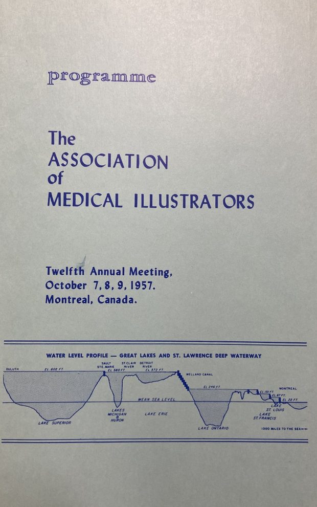 Colour event program cover titled, Programme, the Association of Medical Illustrators, twelfth annual meeting, October 7, 8, 9, 1957, Montreal, Canada. At the bottom of the cover is a diagram of the Great Lakes.