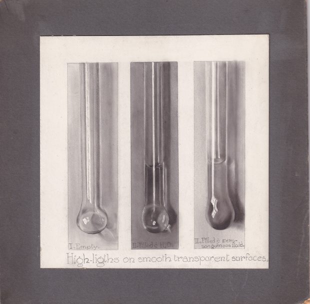 Square drawing on white paper mounted on black board. Drawing depicts three vertical boxes. Inside each, a glass receptacle containing various levels of fluid is drawn using carbon dust.