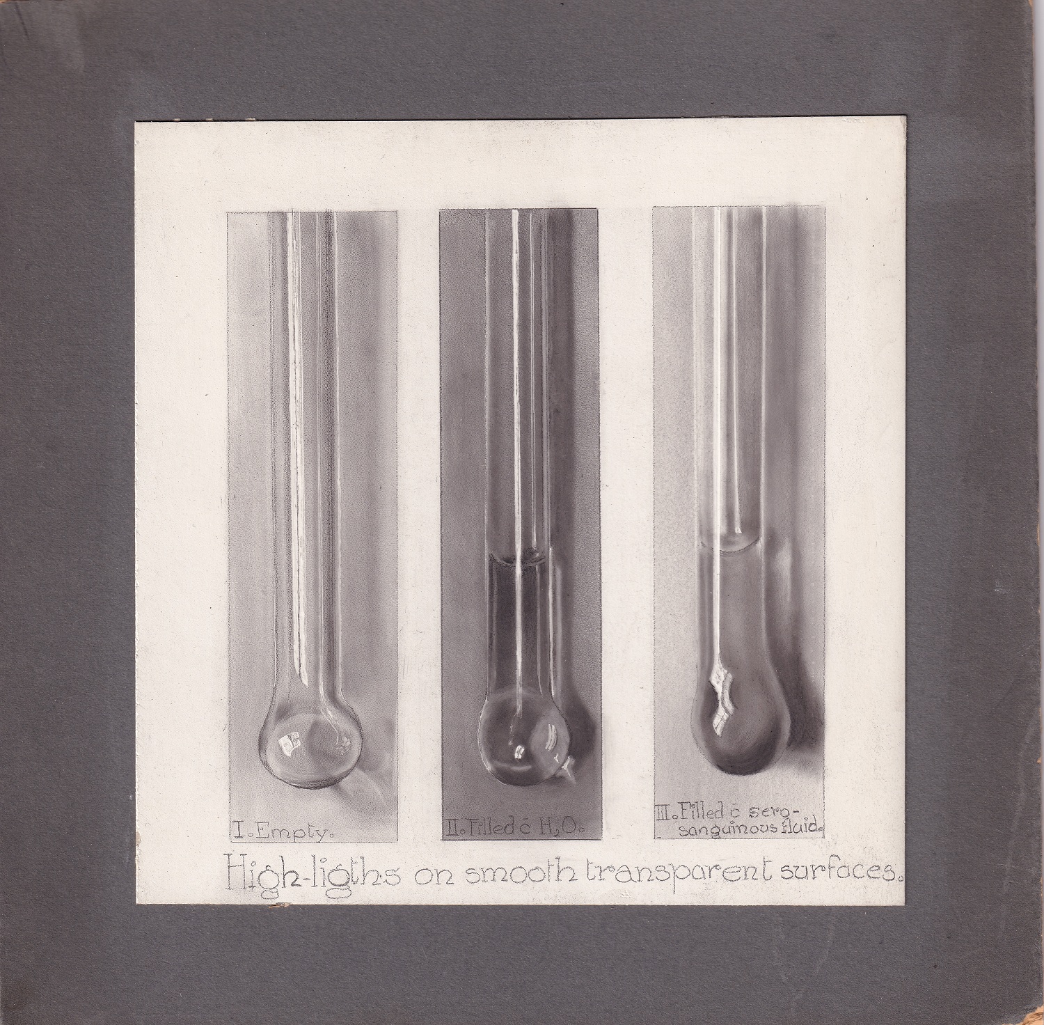 Square drawing on white paper mounted on black board. Drawing depicts three vertical boxes. Inside each, a glass receptacle containing various levels of fluid is drawn using carbon dust.