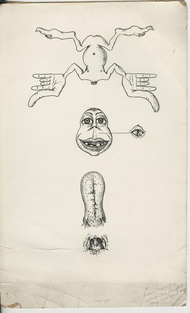 Black line drawing on toned, aging paper. Drawing depicts individual body parts with exaggerated proportions.