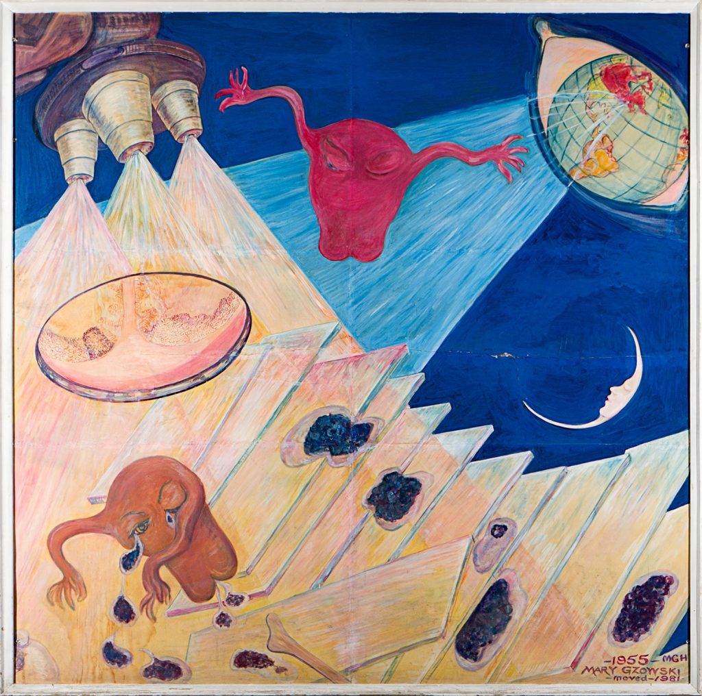 Colour mural depicting two uteruses flying through outer space, being observed by a microscope. One uterus is pink and healthy, while the other is discoloured and crying black tears onto medical slides. A giant eye overlooks all; its pupil is the earth, with rays emanating from Montreal.