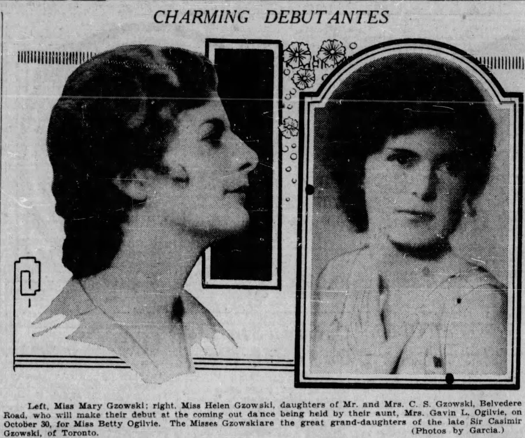 Black and white newspaper clipping announcing two debutantes. A headshot of each woman printed side by side with text above and below.