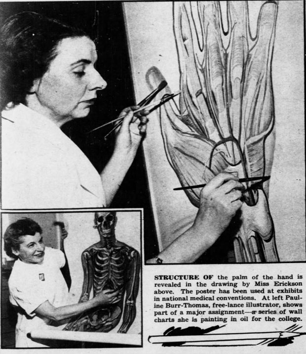 Black and white photo of a woman working on an illustration of a hand with an inset of Pauline Larivière explaining an illustration of a skeleton.