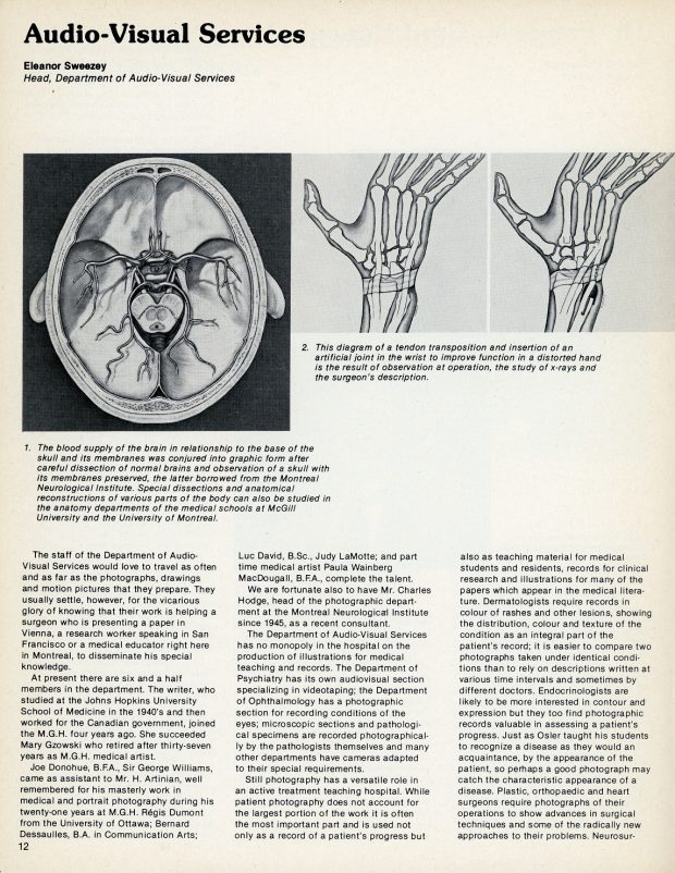 Black and white page from a newsletter titled, Audio-Visual Services by Eleanor Sweezey. Contains illustrations of the base of the skull and the bones of the hand.