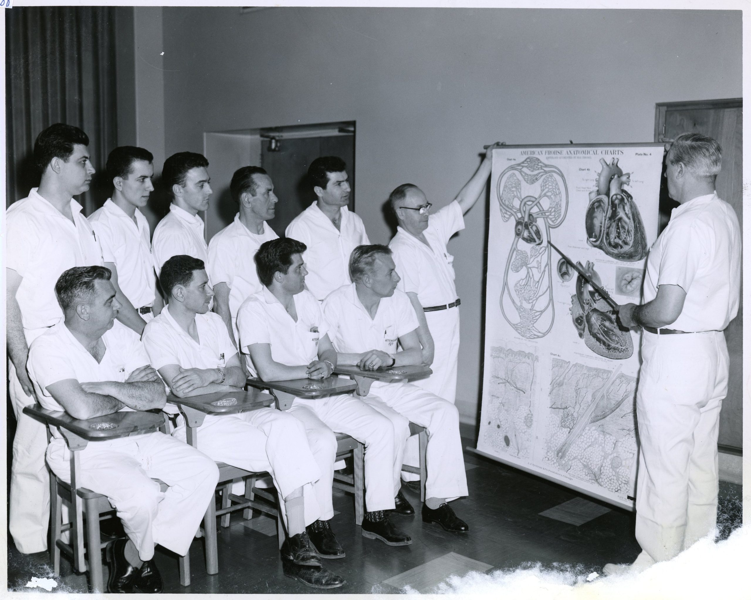 Black and white photo of a man using a medical illustration to teach hospital attendants.