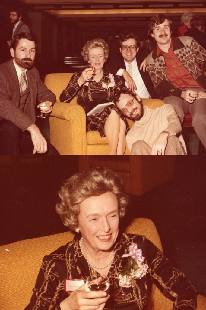 Two colour photos of a woman holding a glass of wine. In one photo she is surrounded by three men.