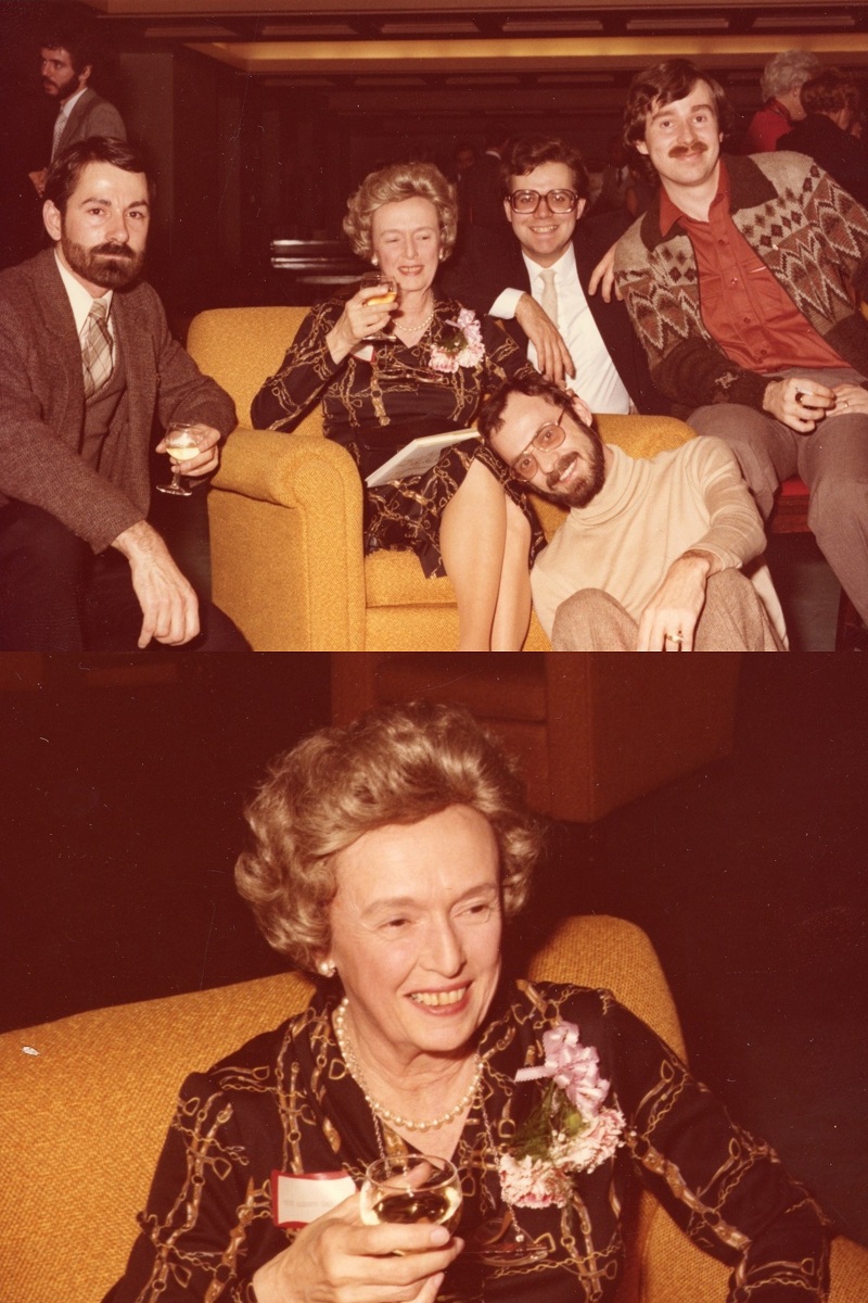 Two colour photos of a woman holding a glass of wine. In one photo she is surrounded by three men.