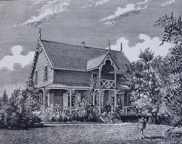 Engraving of a Victorian summer house. The 2-storey residence has a wood balcony, a gable roof with a gable edge enhanced by a mantling. A verandah seems to tower over the residence. In front of the main entrance and in the staircase of the verandah is sitting a family. A woman sits on the verandah railing. A man sits in a chair near the door and three children sit on the steps. The garden of the house is composed of several trees.. A vine grows along the house and spreads out to the gallery of the second floor.