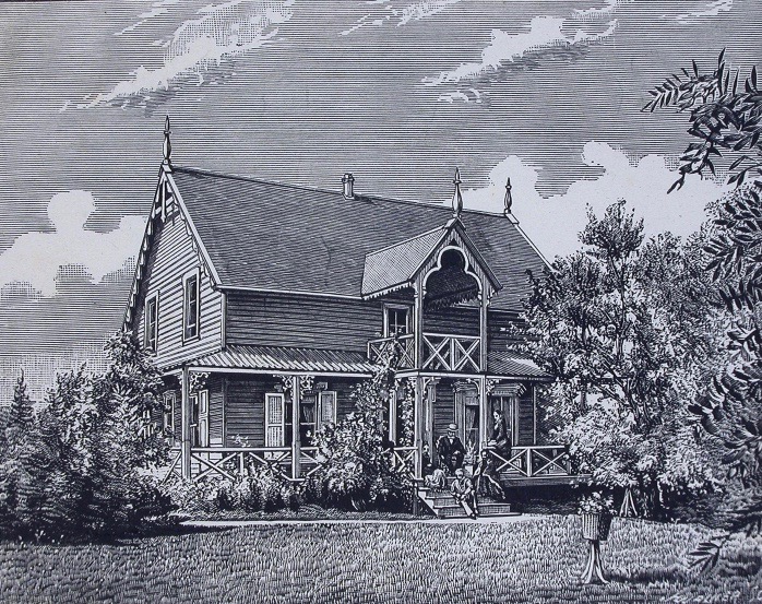 Engraving of a Victorian summer house. The 2-storey residence has a wood balcony, a gable roof with a gable edge enhanced by a mantling. A verandah seems to tower over the residence. In front of the main entrance and in the staircase of the verandah is sitting a family. A woman sits on the verandah railing. A man sits in a chair near the door and three children sit on the steps. The garden of the house is composed of several trees.. A vine grows along the house and spreads out to the gallery of the second floor.
