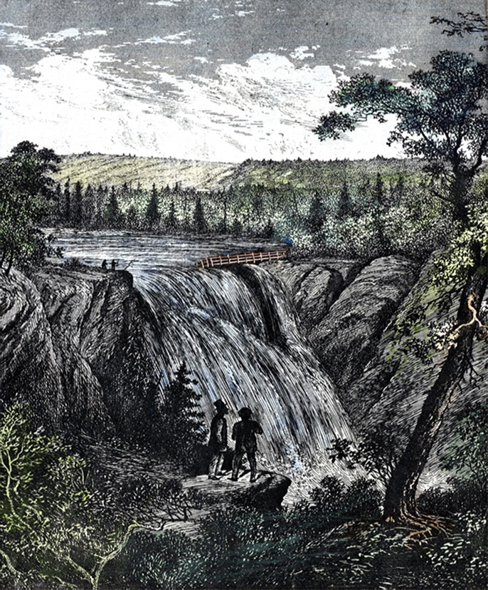 Lithograph engraving of the Mitis River Falls. The 90 feet waterfall is represented in the center of the composition. On each side of the waterfall there is a steep rock face and a forest canopy. On the right side a footbridge allows you to approach the top of the waterfall. Two men can be seen silhouetted on the left side of the waterfall standing on a rock cape. In the foreground, two men observe the waterfall from a rock.