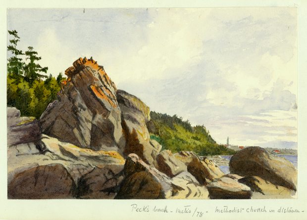 Watercoloor of the shore of the St. Lawrence at Metis from 1878. The foreground is occupied by rocks. The largest rock seems to be a few meters high. In the distance, the top of the hill is covered by a forest of trees. In the distance, a church spire and the red roofs of two other buildings are visible.