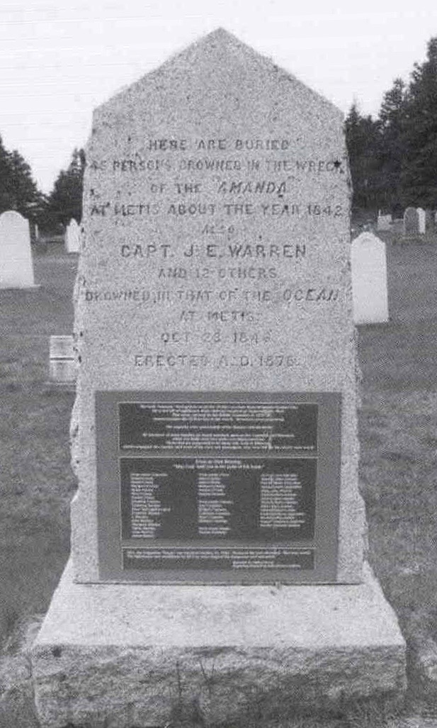Black and white photograph of a gravestone in memory of those who died aboard the Amanda in 1841 and the Ocean in 1846.
