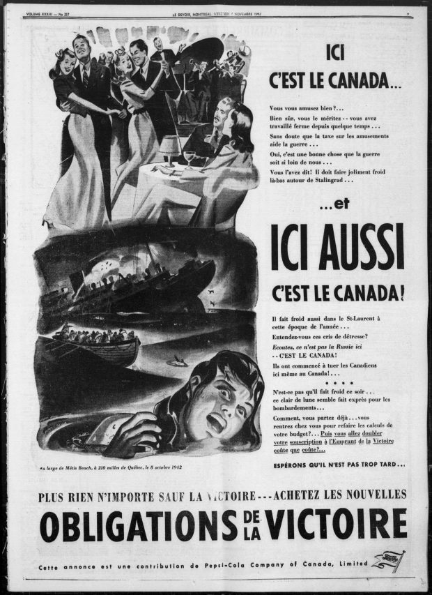 Black and white newspaper advertisement warning Canadians of the threat of German submarines. Contains two illustrations, first is of couples dancing aboard a ship. The second image is of a ship sinking, with passengers in a lifeboat and a young girl panicked and swimming to safety.