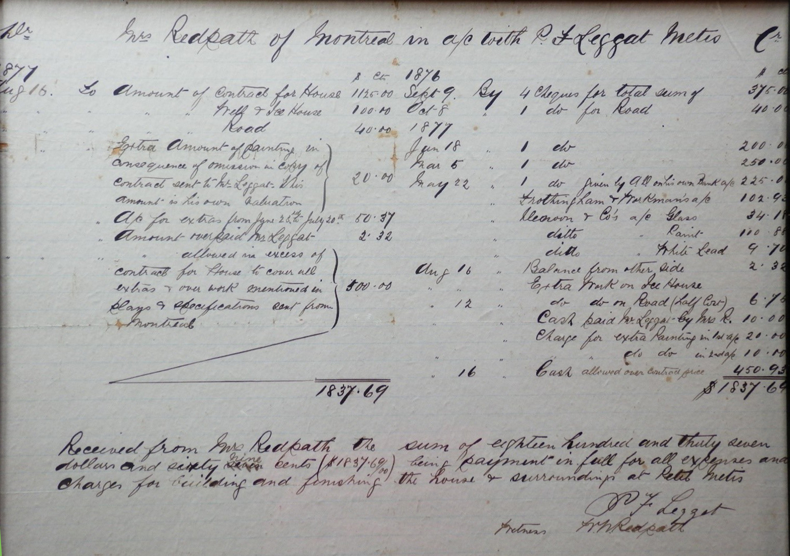 Hand written invoice addressed to Mrs. Redpath of Montreal from Mr. Peter Leggat of Metis, detailing the cost of the materials used to build the Redpath cottage in Metis.