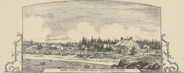 1878 engraving reproduced in a newspaper. This is a riverside landscape featuring the Presbyterian Church and its manse. The buildings are surrounded by evergreen trees. In the foreground the St. Lawrence River and the beach. The buildings line a dirt road bordered by a wooden picket fence. At the bottom of the engraving the legend reads METIS, QUEBEC, PRESBYTERIAN CHURCH AND MANSE.
