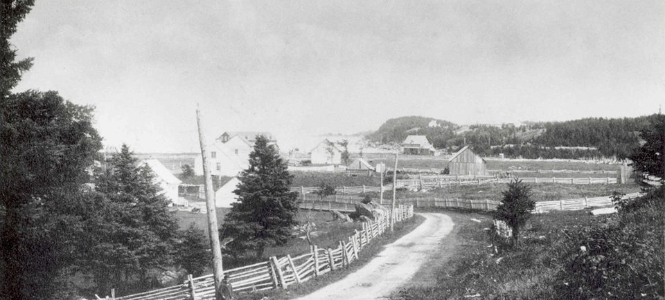 Black and white photograph of a dirt road winding between houses, fields and barns. A wooden fence runs along the left side of the dirt road. A boy is leaning against a wooden post.