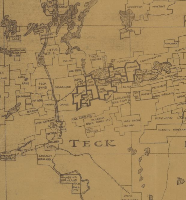 Colour scan of a hand-drawn map of operating mines in Teck Township during the 1930s. Mine property lines are irregular, and mines seem haphazardly laid out one beside the other in a patchwork-like design.