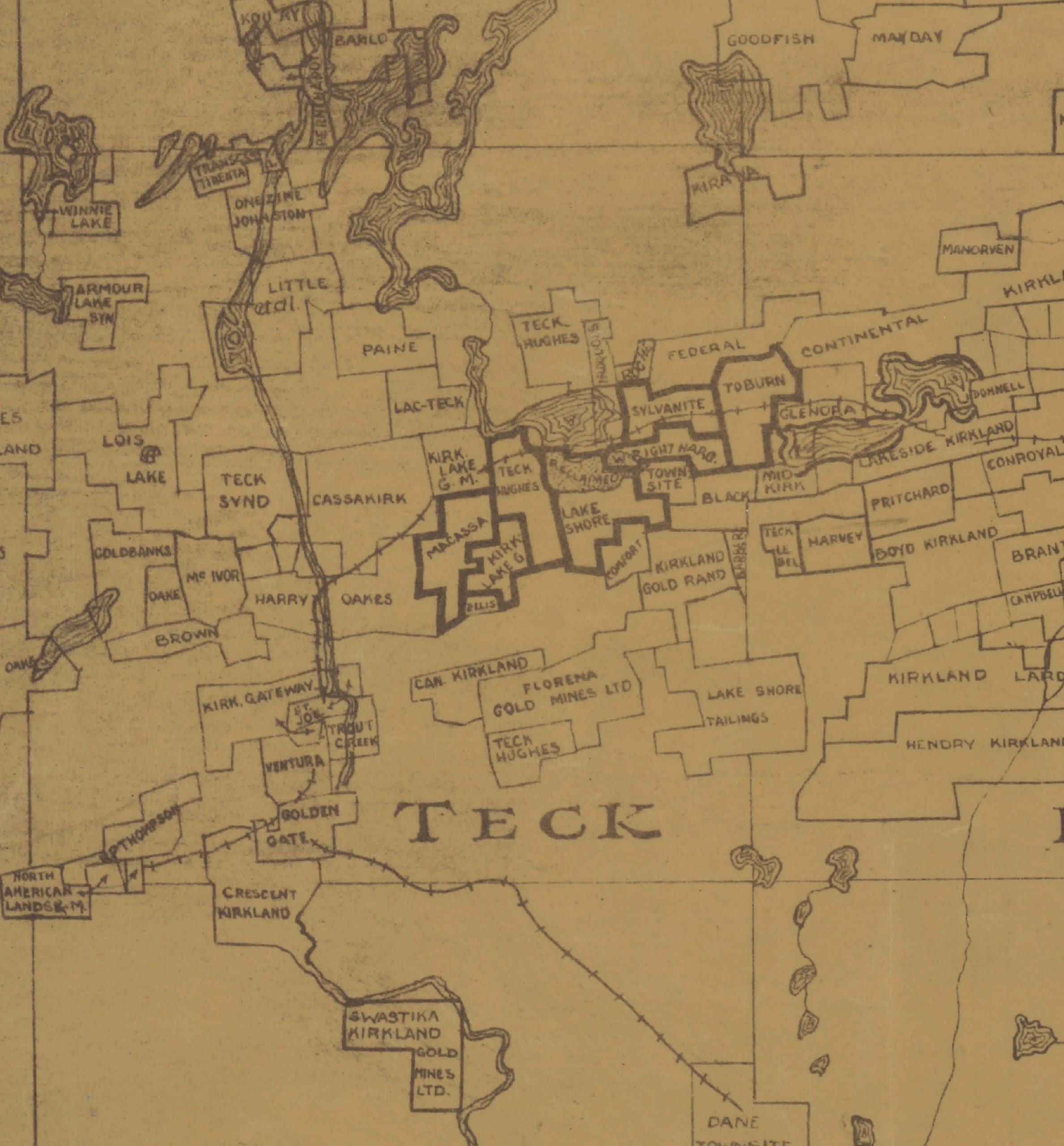 Colour scan of a hand-drawn map of operating mines in Teck Township during the 1930s. Mine property lines are irregular, and mines seem haphazardly laid out one beside the other in a patchwork-like design.