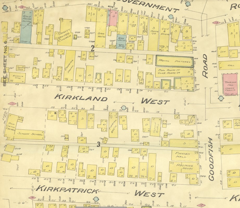 Colour scan of a fire insurance map with two streets on it. Many square and rectangular shapes are on the map, showing the locations of homes and businesses.