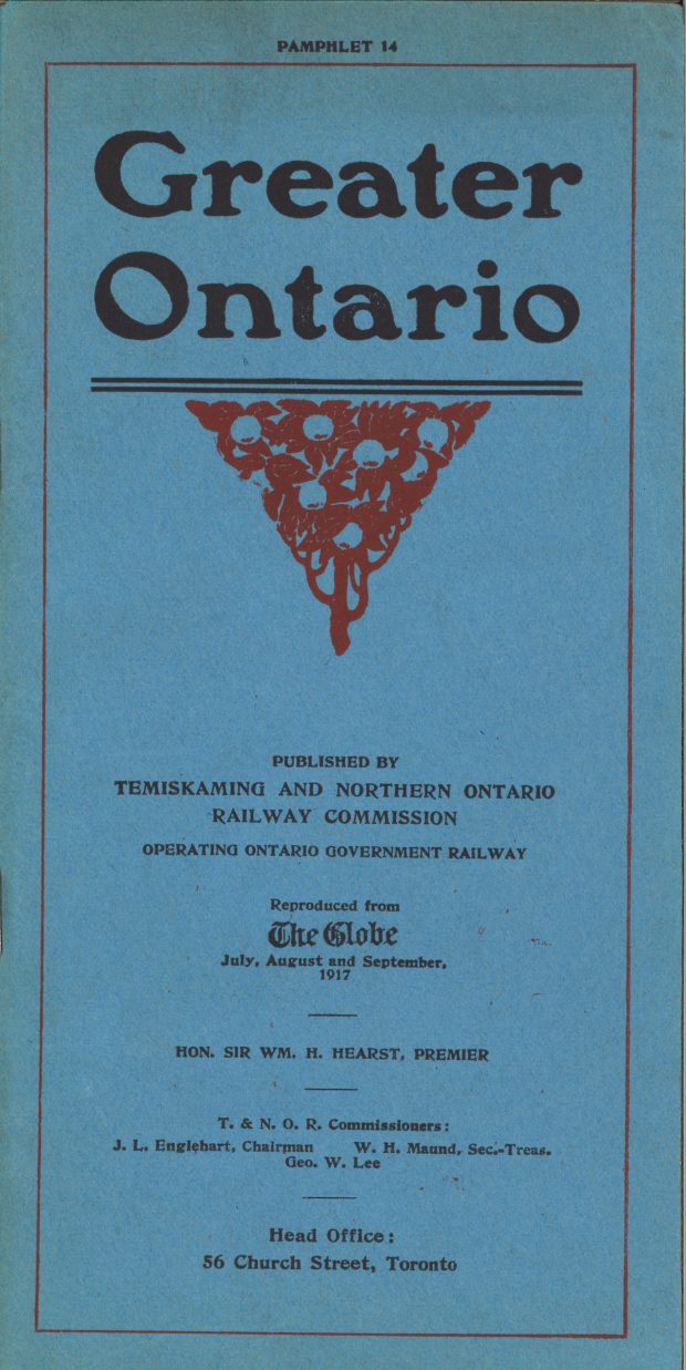 Blue coloured pamphlet with black lettering on the cover of the title and publisher.