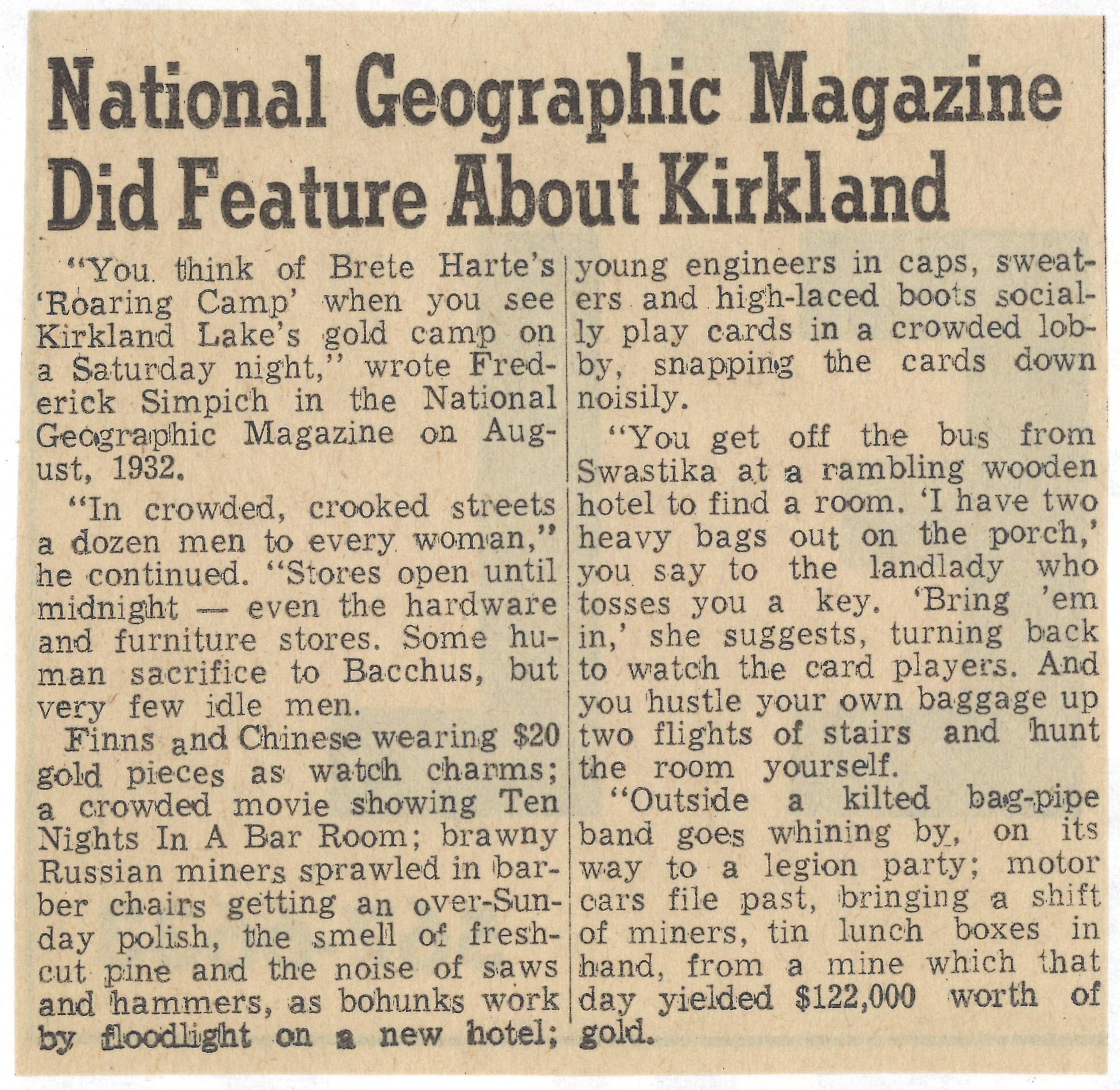 Image of a newspaper clipping about the gold mining boom in Kirkland Lake from 1932.
