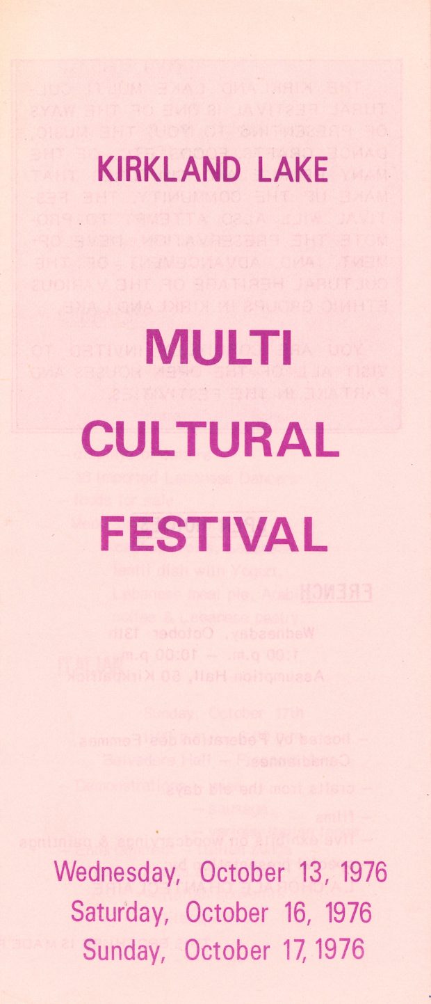 Pink pamphlet of the 1976 Kirkland Lake Multicultural Festival.