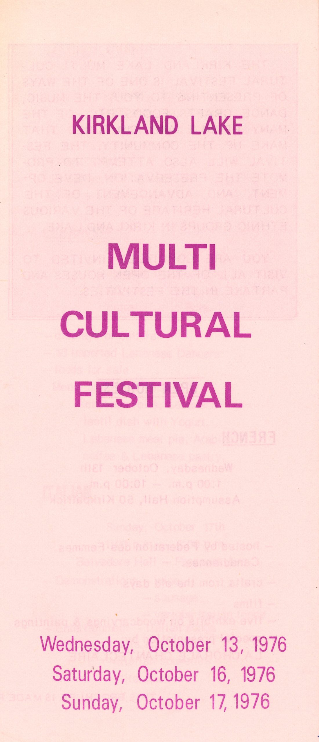 Pink pamphlet of the 1976 Kirkland Lake Multicultural Festival.