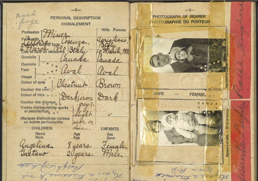 Colour scanned image of inside of Ralph Pugliese Canadian passport, dated May 30 1930. Text description of Ralph Pugliese and his wife and two children. Two photos are at right side of passport, one of Ralph and daughter, the other of his wife and their son.