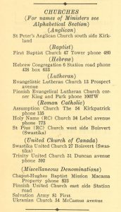 Scanned page from a phone directory. It lists the 14 houses of worship in Kirkland Lake.