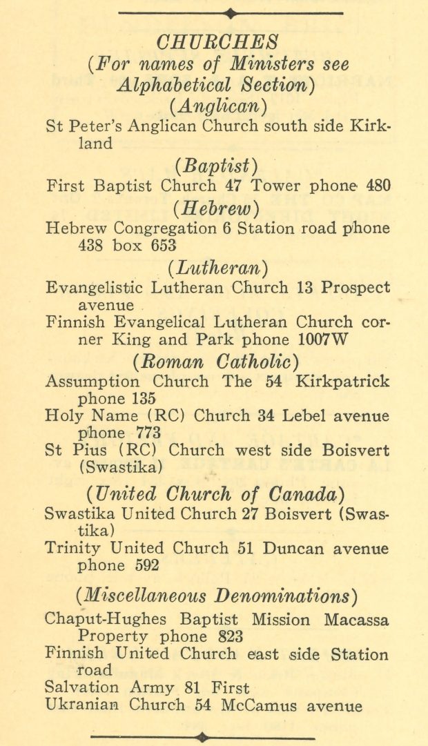 Scanned page from a phone directory. It lists the 14 houses of worship in Kirkland Lake.