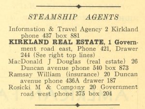 Scan of a page from the 1937 Kirkland Lake Phone Directory. The steamship agents of Kirkland Lake are listed.