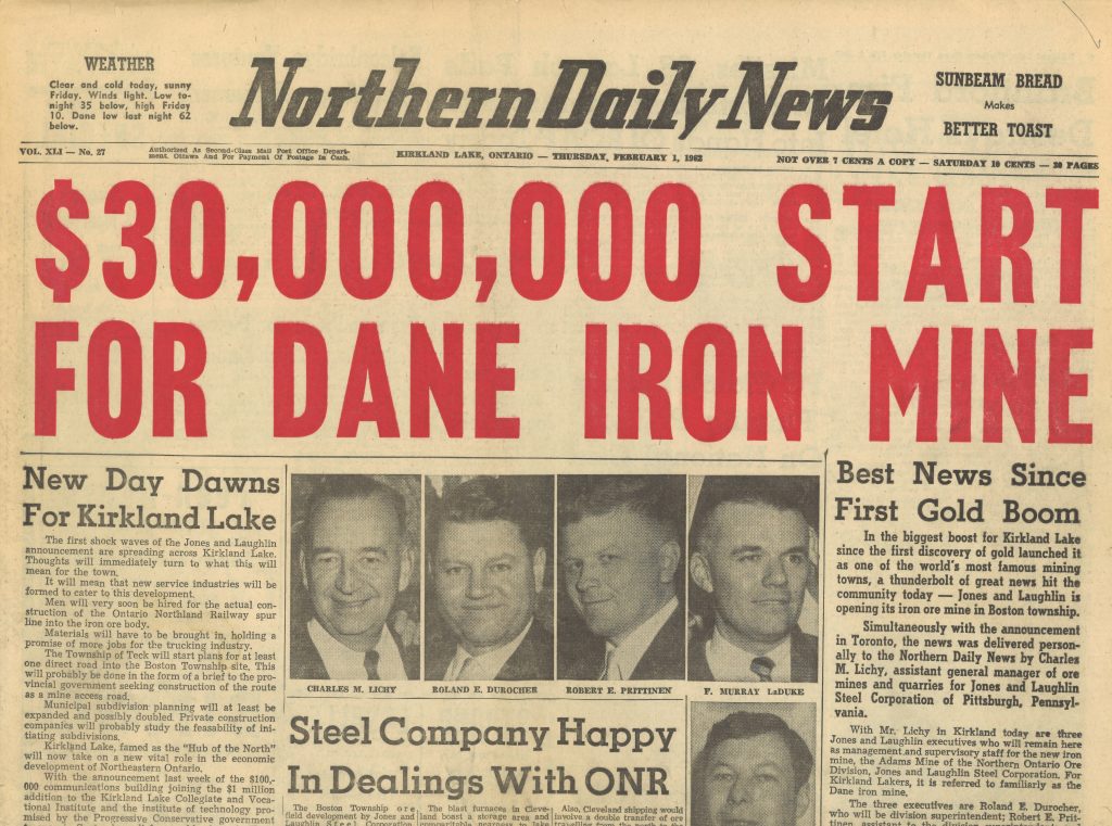 Colour scan of the front page of Northern Daily News, dated February 1, 1962. Headline is red in colour and titled $30,000,000 Start for Dane Iron Mine.