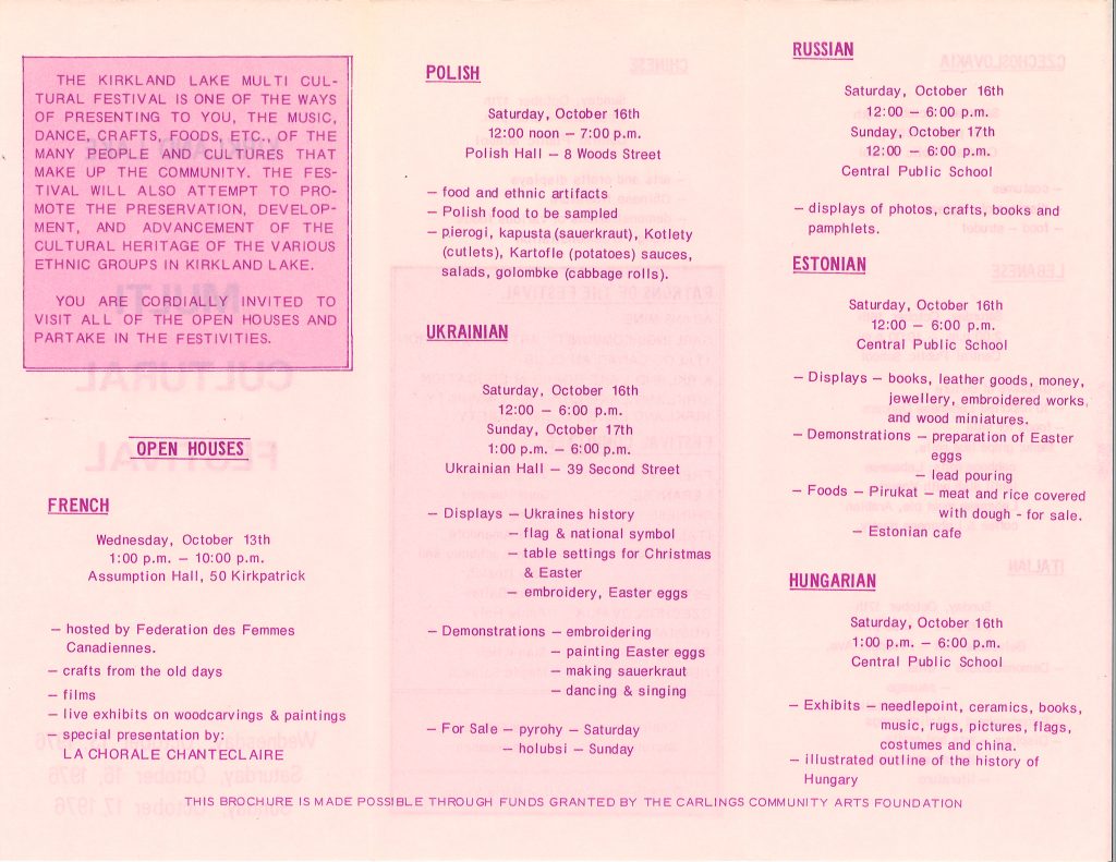 Scanned image of inside of pamphlet for Kirkland Lake Multicultural Festival, October 1976.