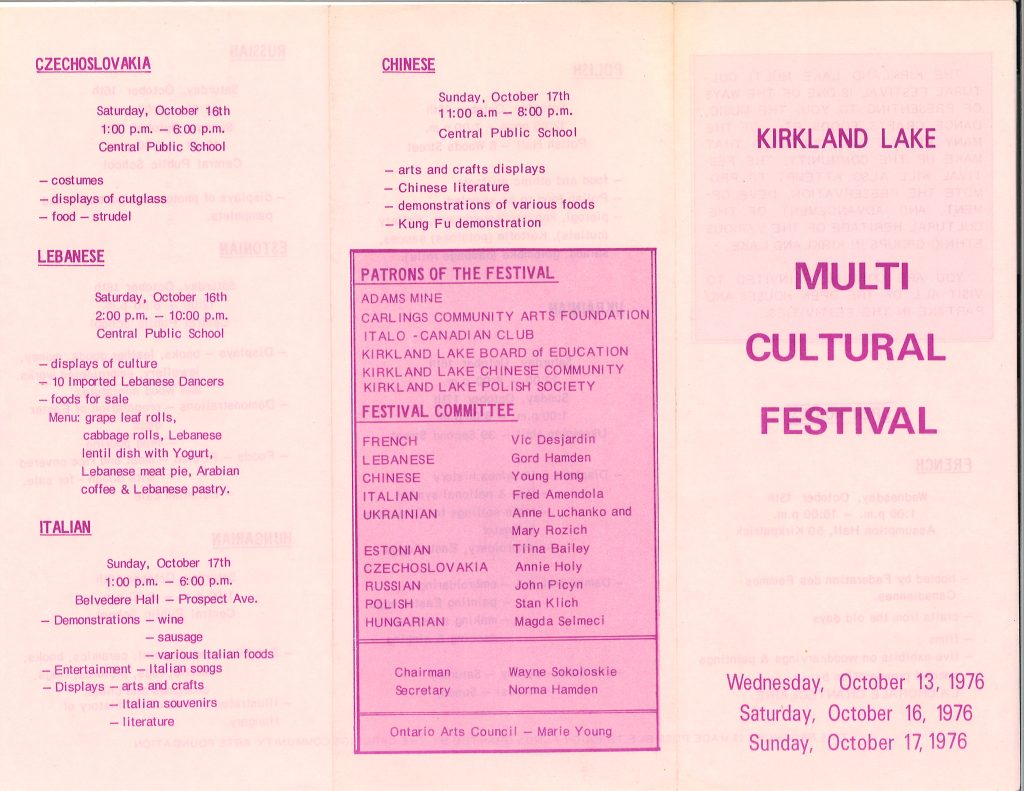 Scanned image of inside of pamphlet for Kirkland Lake Multicultural Festival, October 1976.