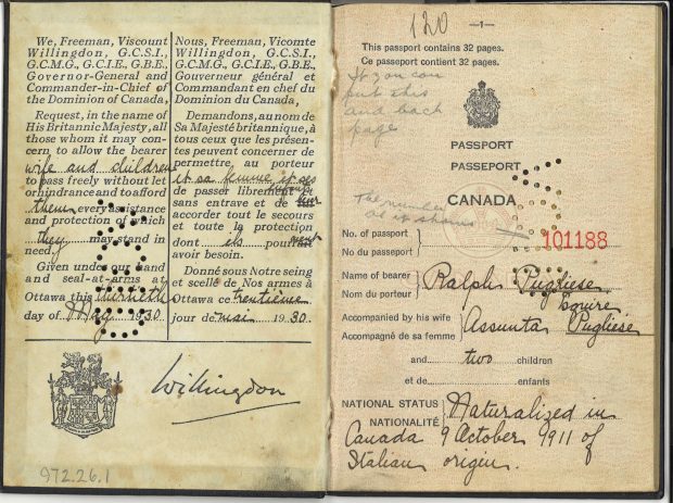 Scanned image of inside of Ralph Pugliese’s Canadian passport, dated May 30 1930.