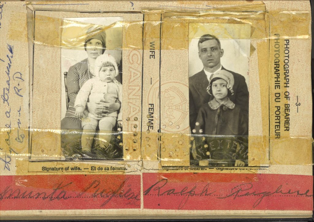 Colour scanned image of inside of Ralph Pugliese Canadian passport. Two black and white photographs are taped to the pages. The photo on the left is Ralph’s wife wearing a matching shirt and skirt with a hat. She is holding their young son dressed in white clothing. The photo on the right is of Ralph in a dark suit standing behind their daughter. She is wearing a dark coat and a light coloured hat.