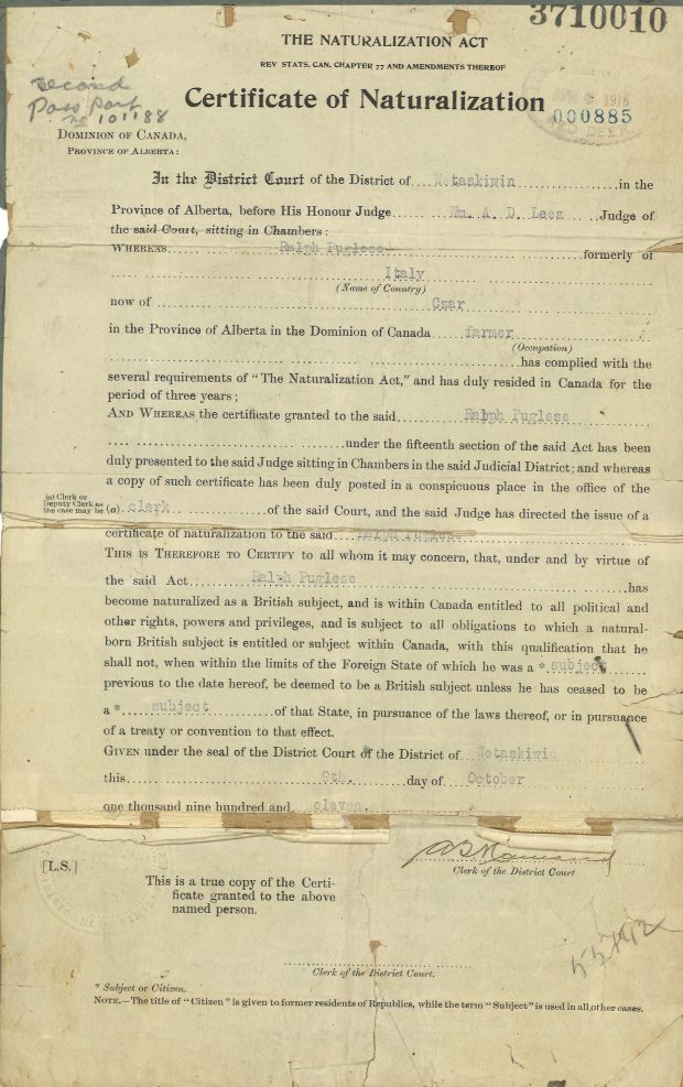Scan of Ralph Pugliese [Puglese] Certificate of Naturalization as a British subject within Canada, October 9 1911.