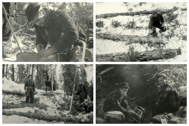 Photo collage of four black and white photographs. Images are of men working with chainsaws and equipment in a forest.