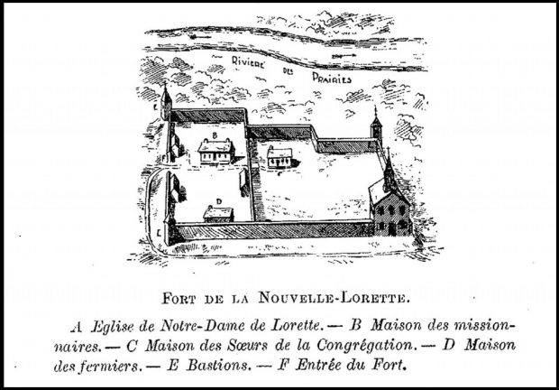 Illustration of the mission of Sault-au-Récollet according to Father Beaubien in 1898. Above, the Des Prairies River, in the middle, the fort surrounded by a palisade. Text on the lower portion locates the entrance of the fort and the other buildings: the church, the houses of the sisters, missionaries and farmers, as well as the bastions.