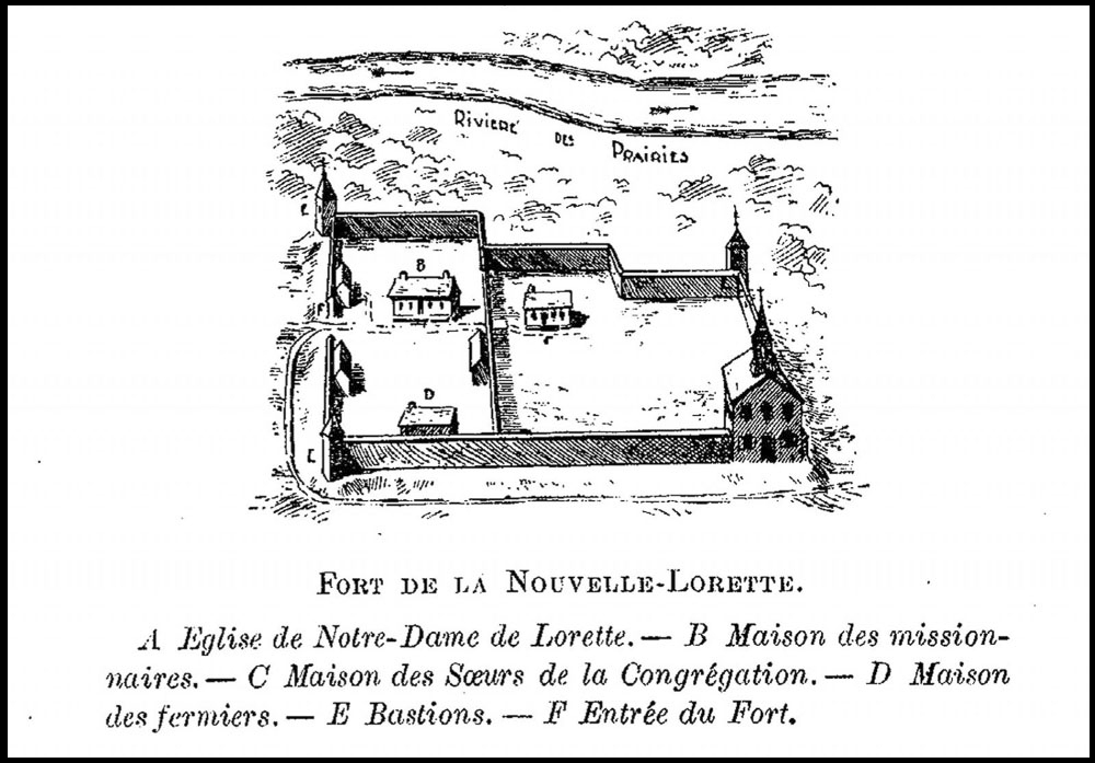 Illustration of the mission of Sault-au-Récollet according to Father Beaubien in 1898. Above, the Des Prairies River, in the middle, the fort surrounded by a palisade. Text on the lower portion locates the entrance of the fort and the other buildings: the church, the houses of the sisters, missionaries and farmers, as well as the bastions.