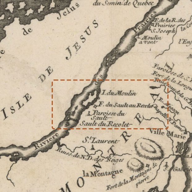 A 1744 geographical map describing the Island of Montreal and Île Jésus (Laval). On the right of the map, the Ottawa River and the Deux Montagnes Lake. On the left, the St. Lawrence River.