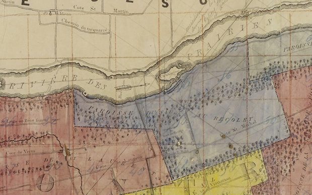 Detail of a hand-coloured copy of André Jobin’s map of the Island of Montreal from 1834. Laval is at the top. The territory of the Sault-au-Récollet parish is in blue. Between them flows the Des Prairies River. To the right of an arrow, La Visitation Island.