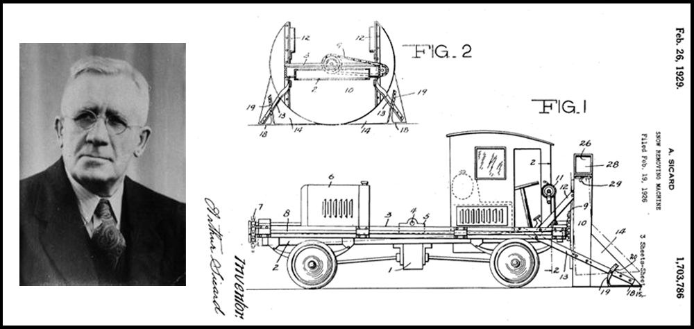 On the left, a photographic portrait of Arthur Sicard in 1946. The drawings on his right are a plan view (below) and a sectional view (above) of his invention, the snowblower.