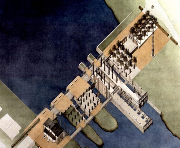 Architectural drawing (parallel projection) of the restoration project for the dike on the mill site. The dike runs diagonally across the image. The miller’s house is in the lower left corner, on the shore of the Island of Montreal.