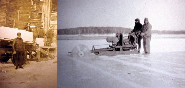 Montage of two archive photographs. On the left: workers loading ice onto a truck in 1939. On the right, two men cutting ice from a river with a motorized saw.