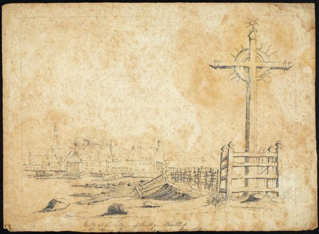 Old drawing representing the various mills operating in 1839. In front of them, a cross planted on La Visitation Island surrounded by a fence. Behind the mills, the first church with its single bell tower.