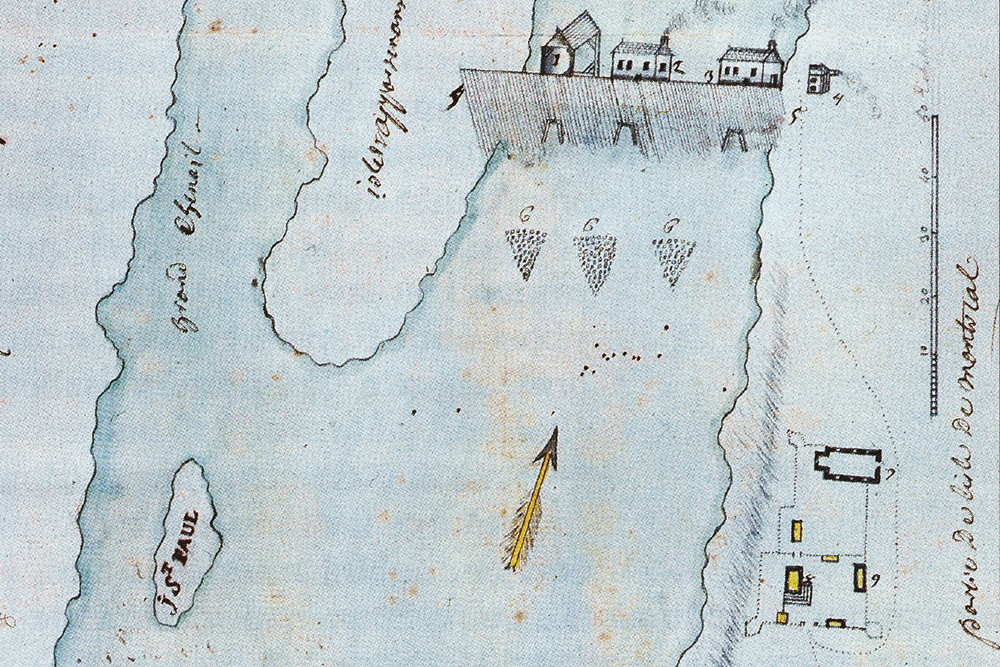 Detail of a map of the area between Fort Lorette and the mills’ dike, most likely drawn before 1750. At the top, we see the dike and the first mills. On the lower right, Fort Lorette and its buildings, among which is the chapel of the missionary outpost.